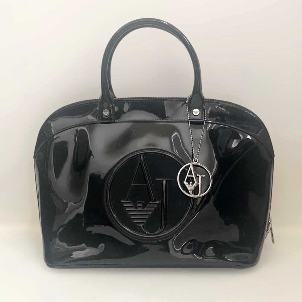 Chic Gloss Black Eco Patent Armani Jeans AJ Logo Bowler Satchel Handbag Y2K Bag